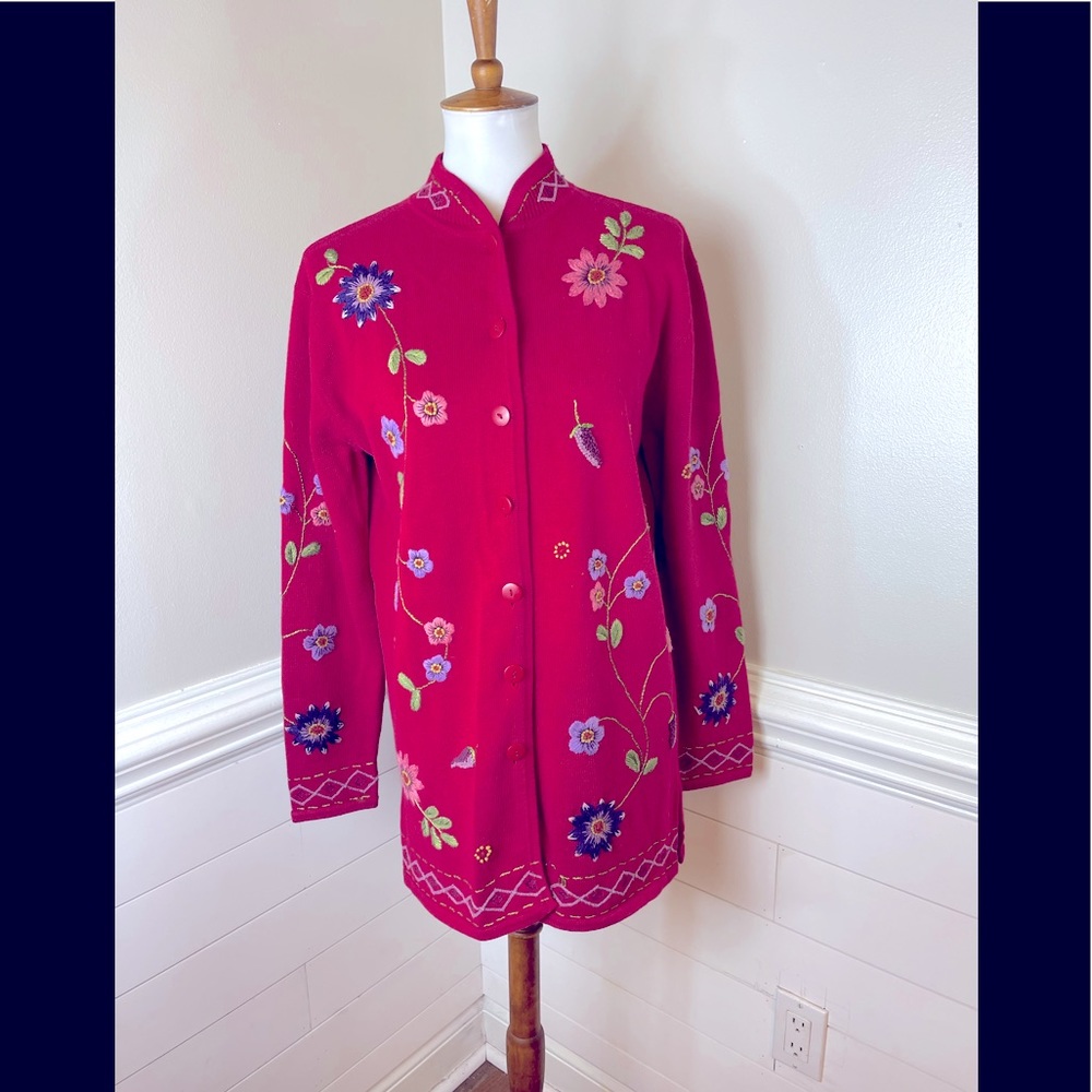 Coldwater Creek Beautiful Embroidered Floral Tunic Cardigan M FREE SHIP - Picture 1 of 4